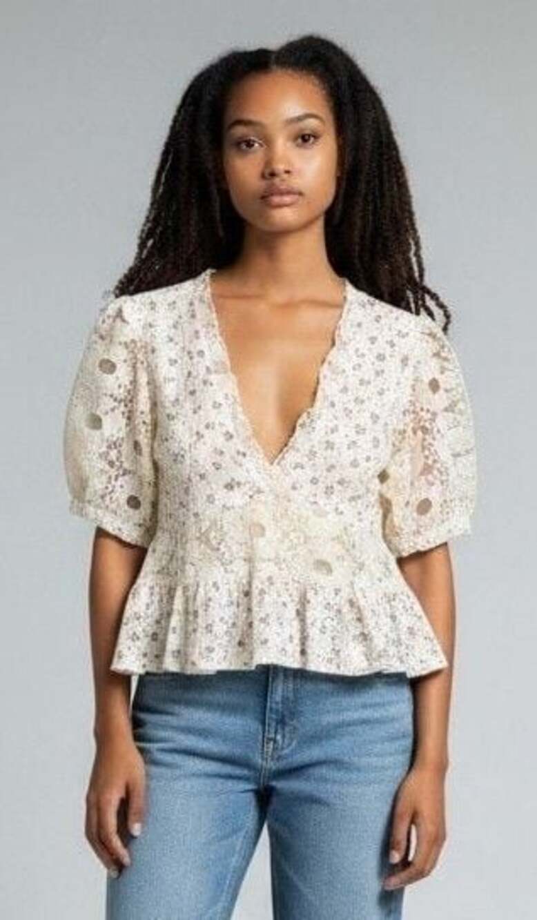 POL Women's Cream Floral and Lace V-Neck Peplum Top Size S